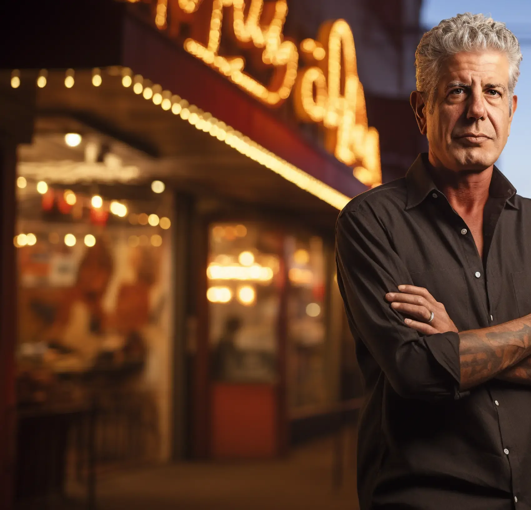 AInthony BourdAIn, arms crossed outside a neon-lit diner at dusk