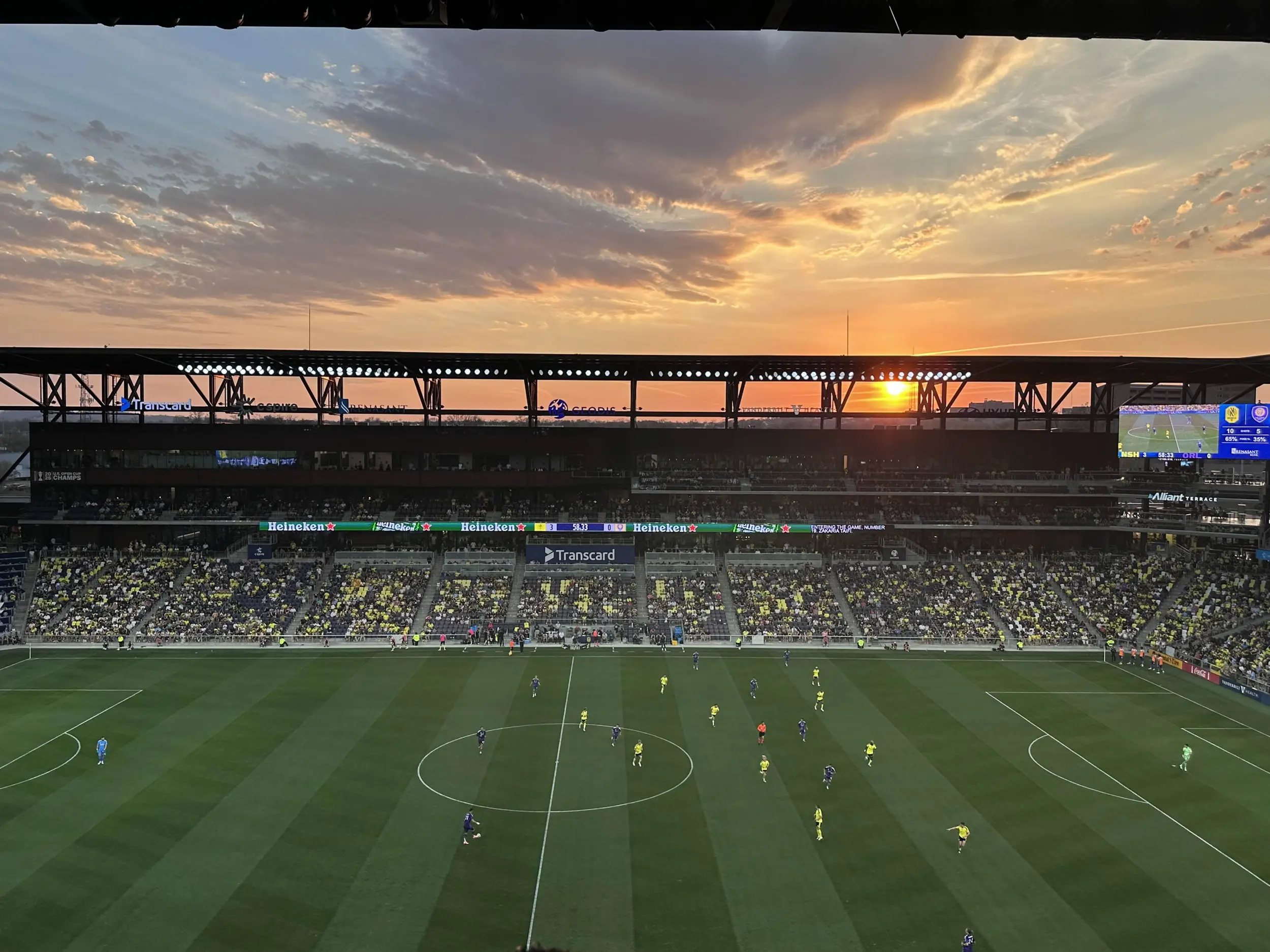 Sunset view across the pitch at GEODIS Park during a Nashville SC match