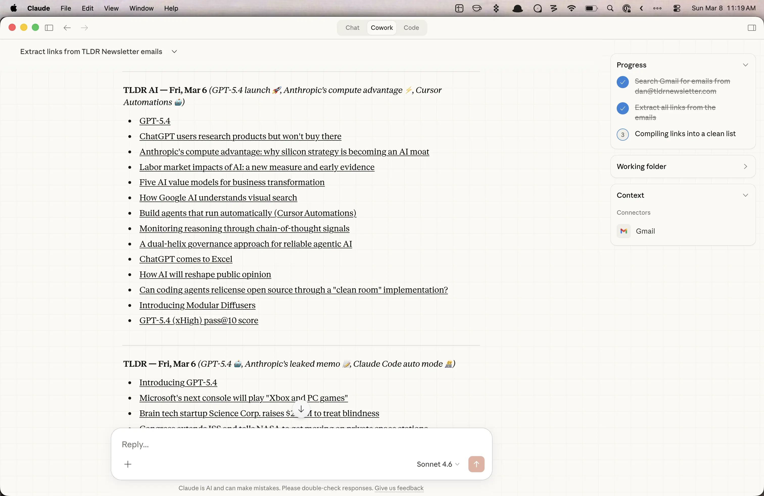 Screenshot of TLDR newsletter links extracted