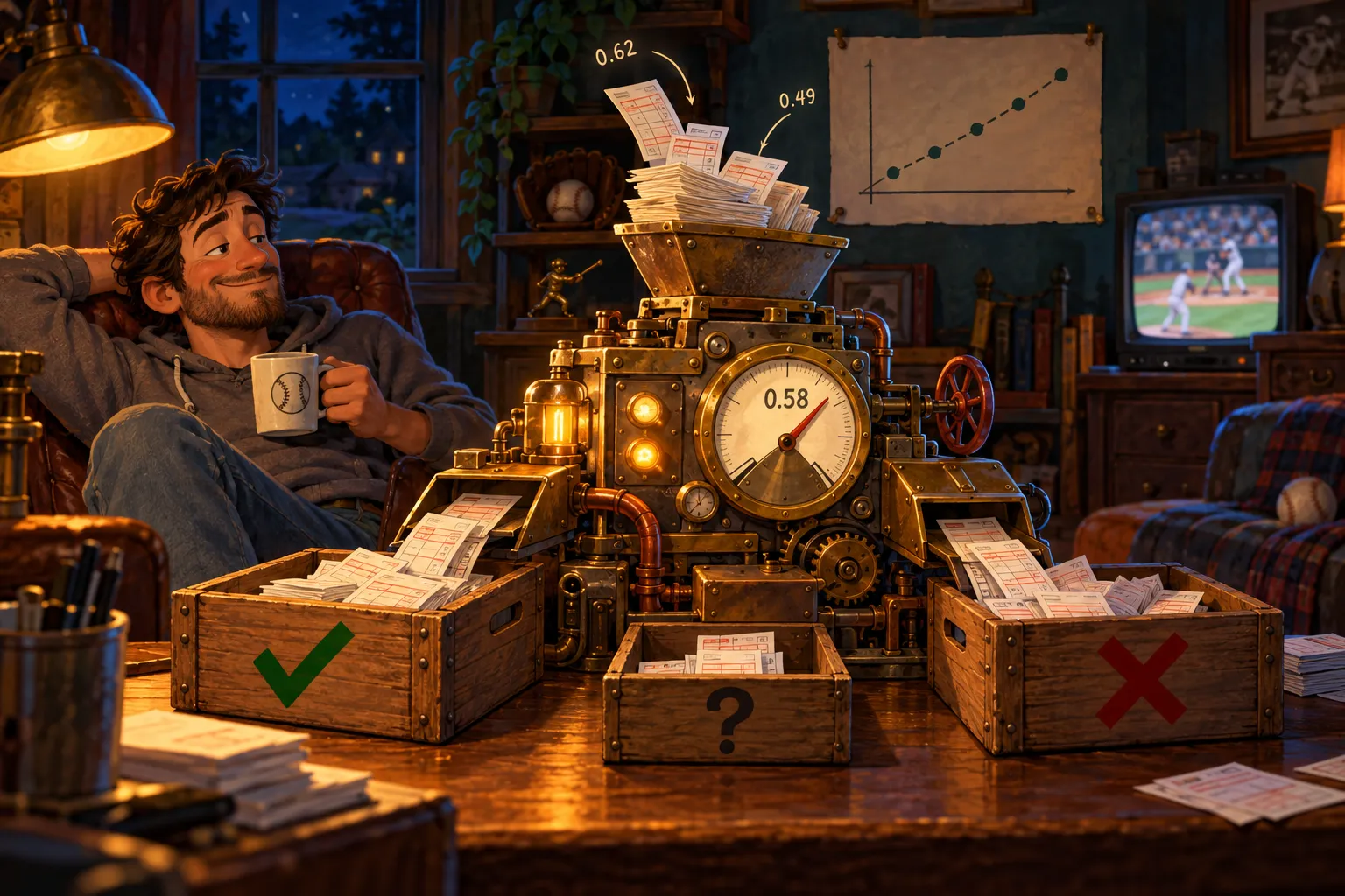 Playful hand-drawn adventure-game illustration of a late-night sports den. A goofy brass sorting machine with a gauge reading 0.58 sorts a stack of bet slips into a crate with a green check, a crate with a red X, and a small crate with a question mark. A pinned chart on the wall shows dots climbing along a dashed line, a baseball game plays on an old TV, and a man in a hoodie leans back with a coffee mug, amused.