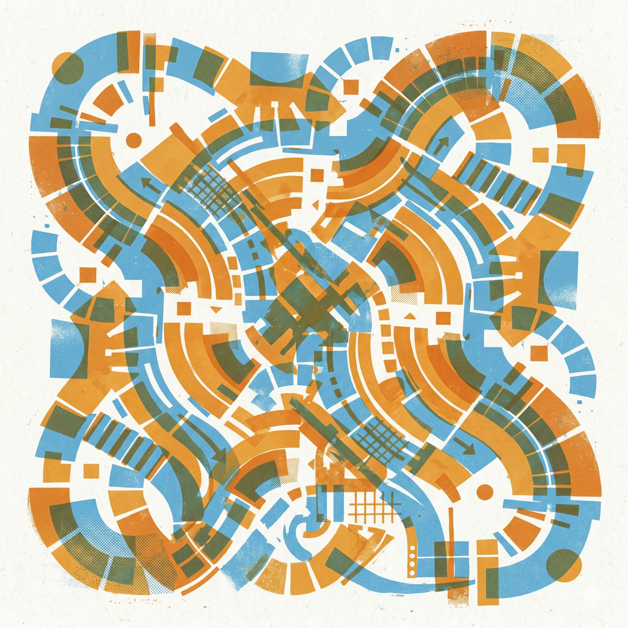 Abstract editorial illustration — overlapping geometric shapes suggesting flow, pipelines, and gaps. Warm amber and sky blue on white. Flat/risograph style.